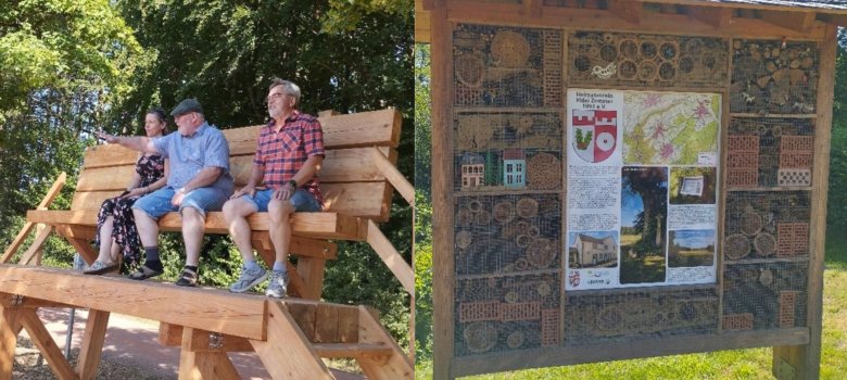 Die beiden neuesten Projekte der Heimatvereine: Die XXL-Bank am Eifelsteig und die erneuerte Info-Tafel mit integriertem Insektenhotel