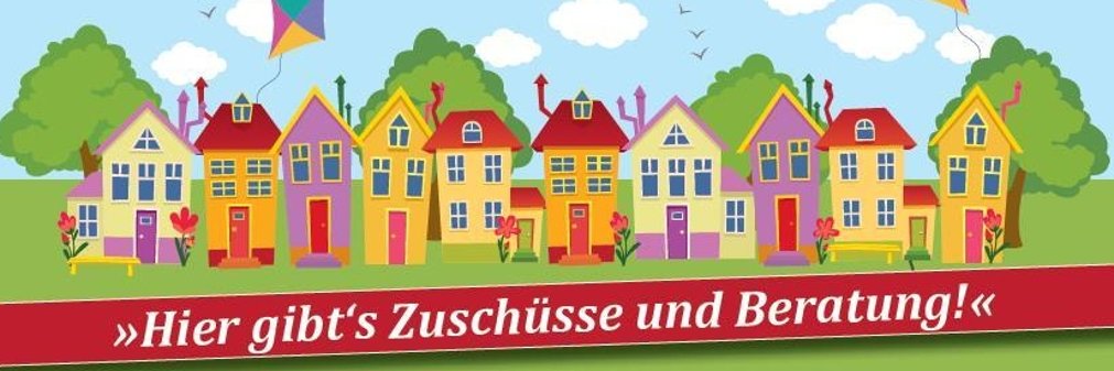 Logo Förderprogramm Bauen im Ortskern mit Häusern