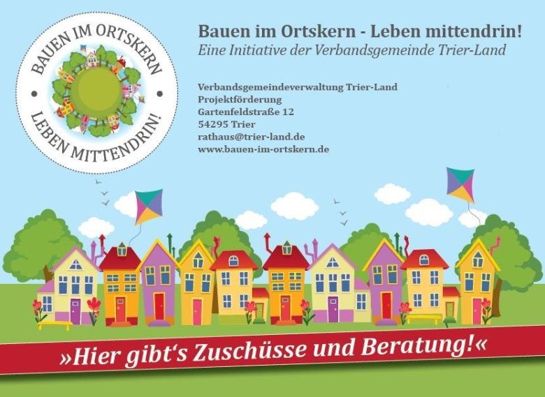 Bauen im Ortskern - Leben mittendrin Bauen im Ortskern - Deckblatt des Flyers, dargestellt ist eine bunte Häuserzeile und Kontaktmöglichkeiten